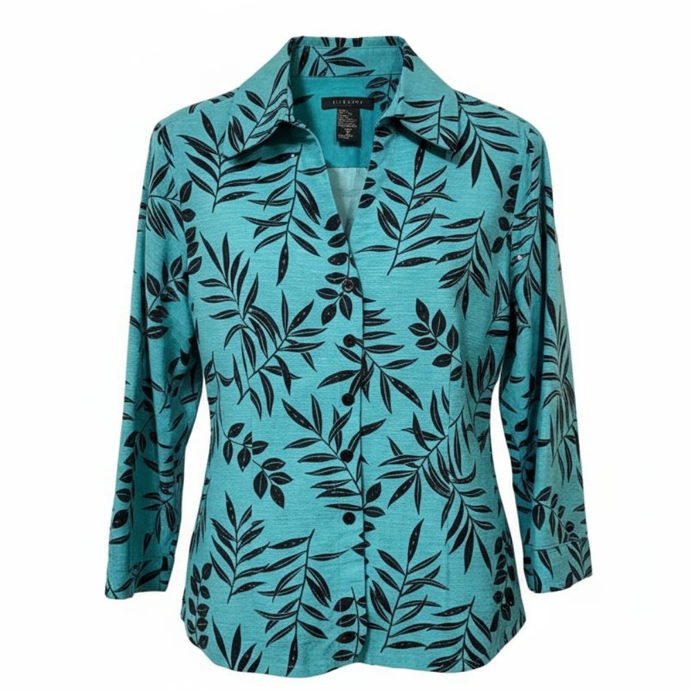 Silkland Teal Black Tropical Print 3/4 Sleeves Sequined Jacket Women's Size 2